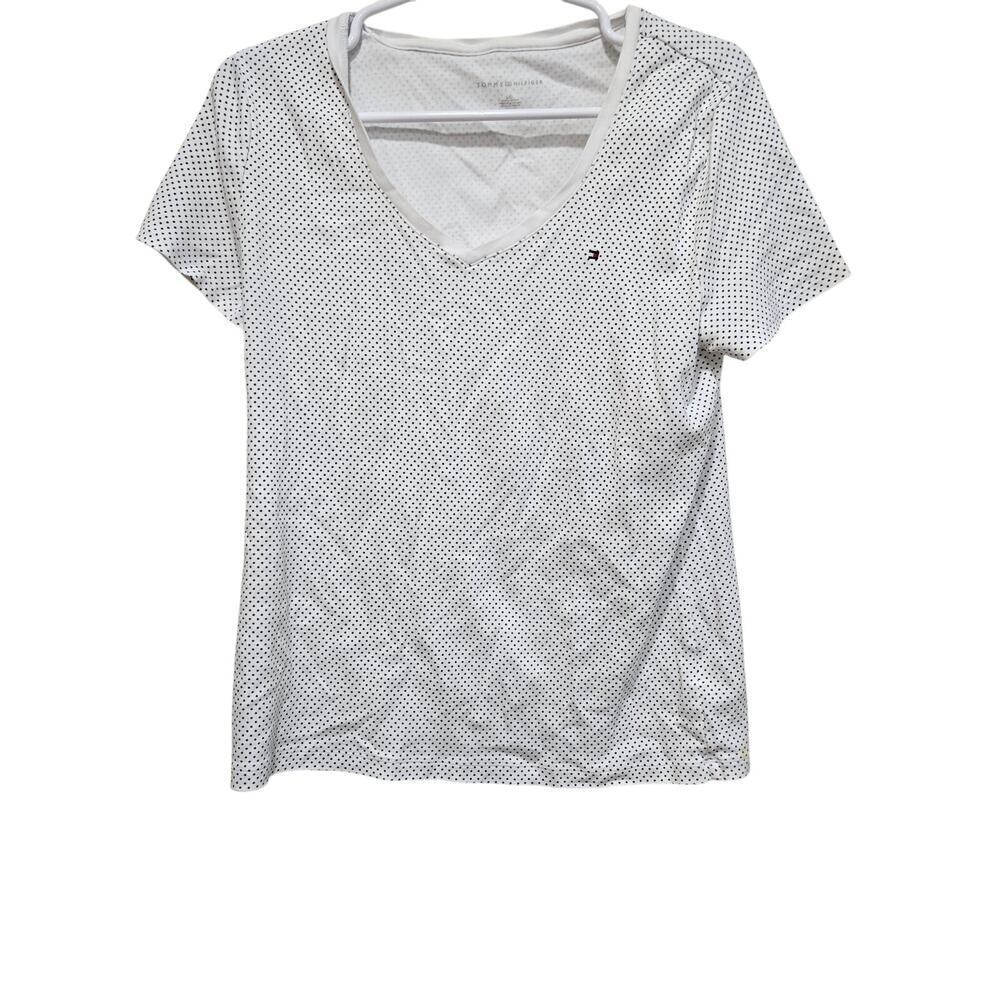 Tommy Hilfiger Polka Dot Tee Large White Navy V Neck Cotton